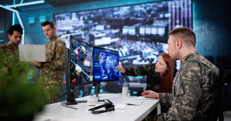Military Team Of Soldiers Monitoring Intelligence In Control Center With Technology.