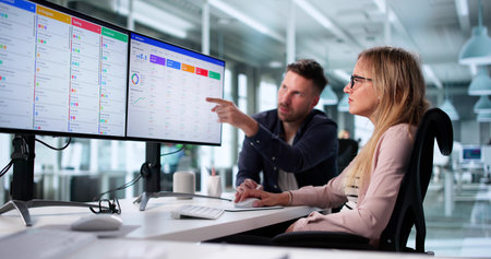 Man And Woman Using CRM Software For Business Sales Support.