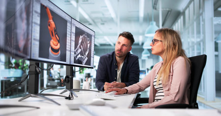 Mastering 3D CAD Modeling Software, A Mechanical Engineer Designs Machines. A Woman Uses Advanced CAD Softwareの写真素材