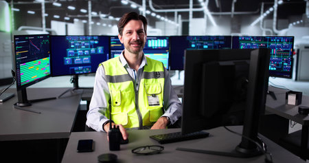 Senior Technician Smiling While Monitoring Computer Screens In Factory.