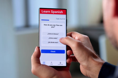 Senior Man Using Smartphone App To Study Spanish Grammar Online