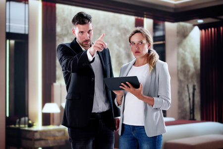 Hotel Manager Trains New Employee To Inspect Room With Tablet.の写真素材