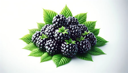 Blackberries with green leaves on a white backgroundの素材