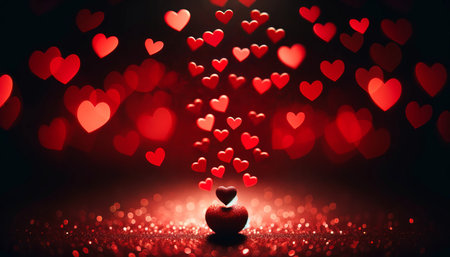 Romantic Red Hearts Flying in Magical Bokehの素材
