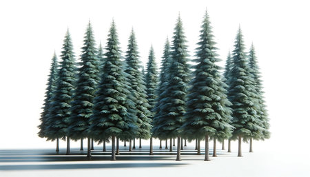 Row of Majestic Spruce Trees on White Backgroundの素材