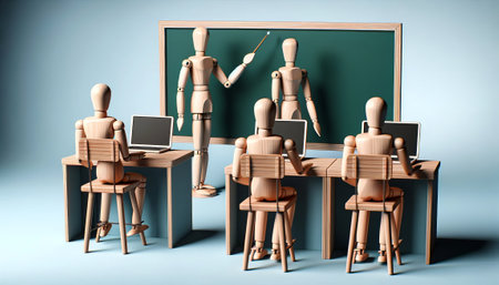 Wooden Mannequins Engage in Interactive Classroom Learningの素材