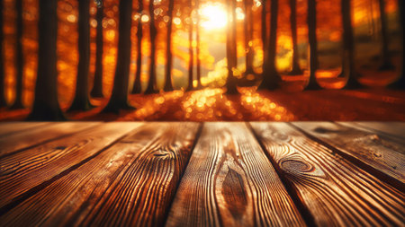 Textured Wood Table with Blurred Fall Leaves Backgroundの素材