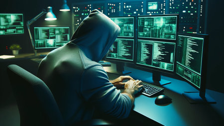 Cyber Security Expert Intensely Focuses on Multiple Screensの素材