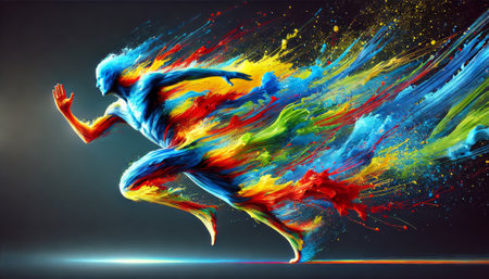 high-quality image of a dynamic, colorful human figure in motion with vibrant energy and artistic splashes of colorの素材