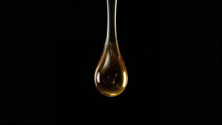 Image is a high-resolution, close-up photograph featuring a single, elongated droplet of golden liquid against a solid black background. The droplet is suspended in mid-air, with a smooth, glossy surface that reflects light, creating a luminous effect. The liquid appears viscous, with a rich amber hue that suggests it could be honey or oil. The droplet tapers at the top, widening towards the bottom, and captures the light in a way that highlights its transparency and depth. The overall composition is minimalistic, focusing solely on the droplet, with no additional elements or text present in the image.の素材