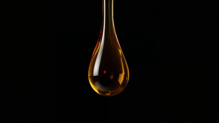 Image is a high-resolution, close-up photograph featuring a single, elongated droplet of golden liquid against a solid black background. The droplet is suspended in mid-air, with a smooth, glossy surface that reflects light, creating a luminous effect. The liquid appears viscous, with a rich amber hue that suggests it could be honey or oil. The droplet tapers at the top, widening towards the bottom, and captures the light in a way that highlights its transparency and depth. The overall composition is minimalistic, focusing solely on the droplet, with no additional elements or text present in the image.の素材