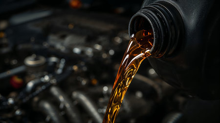 Image is a high-resolution, close-up photograph focusing on the pouring of motor oil from a black plastic container. The oil is a rich amber color, flowing smoothly from the container's spout, which is positioned on the right side of the image. The background is intentionally blurred, showcasing an out-of-focus engine or machinery, with dark metallic tones and hints of yellow and silver components. The composition emphasizes the contrast between the sharp, detailed foreground of the oil and container, and the soft, indistinct background, creating a dynamic visual effect. The lighting highlights the oil's viscosity and sheen, adding depth and texture to the image.の素材
