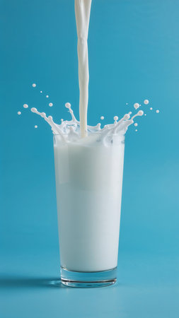 Image is a high-resolution, close-up photograph featuring a tall, clear glass filled with milk against a vibrant blue background. The milk is captured mid-pour, creating dynamic splashes and droplets that are frozen in motion, adding a sense of energy and freshness to the composition. The glass is positioned centrally, and the milk appears creamy and smooth, with a bright white color that contrasts sharply with the blue backdrop. The lighting is even, highlighting the texture and movement of the milk without any visible reflections or shadows on the glass surface. The overall style is clean and minimalistic, focusing on the purity and fluidity of the milk.の素材