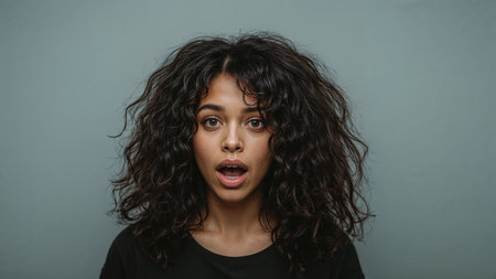 Image is a portrait-style photograph featuring a person with long, voluminous, curly dark hair against a plain gray background. The individual has a medium skin tone and is displaying a surprised expression with wide eyes and an open mouth. The lighting is soft, highlighting the facial features and hair texture. The person is wearing a dark-colored top, and the overall composition is centered, focusing on the subject's face and expression. The image conveys a sense of surprise or shock, with the background providing a neutral contrast to the subject's expressive features.の素材