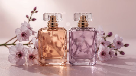 Image is a high-quality, artistic photograph featuring two elegant perfume bottles placed side by side on a smooth surface. The bottles are made of clear glass with a gradient tint, one showcasing a warm amber hue and the other a soft lavender shade. Each bottle is topped with a shiny, gold-colored cap that adds a touch of luxury. In the background, there are delicate flowers with soft pink and purple petals, adding a natural and romantic element to the composition. The lighting is soft and diffused, creating a warm, inviting atmosphere with a gentle bokeh effect. The overall layout is balanced, with the bottles and flowers harmoniously arranged, emphasizing elegance and sophistication. The background features a subtle gradient of pastel colors, enhancing the serene and luxurious feel of the image.の素材