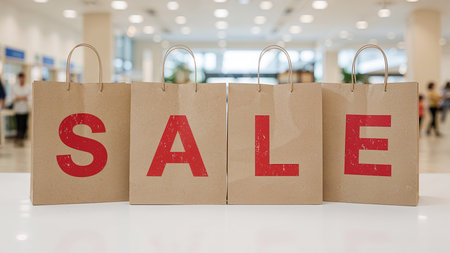 Image features a set of four brown paper shopping bags arranged in a row on a light-colored surface. Each bag has a single large red letter printed on it, collectively spelling the word 'SALE'. The letters are bold and slightly distressed, adding a textured appearance. The bags have twisted paper handles and are positioned in a well-lit indoor setting with a blurred background, suggesting a retail environment. The overall composition is clean and minimalistic, emphasizing the promotional message.の素材