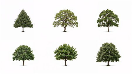 Image is a digital collage featuring six distinct trees, each occupying its own space against a plain white background. The trees are arranged in two rows of three. Each tree showcases a unique shape and foliage density, ranging from broad and bushy to slender and sparse. The top row includes a tree with a triangular canopy, a tree with a slightly irregular shape, and a tree with a more open, airy structure. The bottom row features a tree with dense, rounded foliage, a tree with a perfectly spherical canopy, and another with a more elongated form. The leaves vary in shades of green, indicating different species and possibly different seasons. The overall composition highlights the diversity in tree forms and structures, emphasizing their natural beauty and variety.の素材