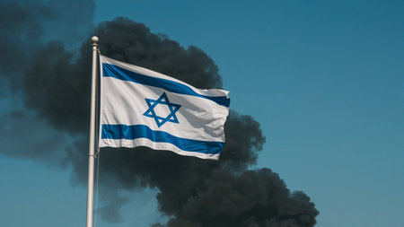 Image is a photograph featuring the national flag of Israel against a clear blue sky. The flag is rectangular with a white background and two horizontal blue stripes near the top and bottom edges. In the center, there is a blue Star of David, a six-pointed star, which is a prominent symbol on the flag. The flag is attached to a tall flagpole, and it is waving gently in the wind, creating a sense of movement. However, in the background, thick, rising plumes of black smoke billow across the sky, contrasting with the vivid blue and white colors of the flag. The lighting is bright, indicating a sunny day, but the smoke adds a sense of ominous foreboding to the scene.の素材