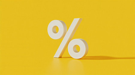 Image is a digital illustration featuring a large, three-dimensional white percentage symbol (%) prominently displayed against a vibrant yellow background. The symbol is positioned slightly to the right, casting a subtle shadow on the surface, which adds depth and a sense of realism to the composition. The background is a solid, bright yellow, creating a striking contrast with the white of the percentage symbol. The overall style is minimalist and modern, with clean lines and a bold color palette that draws attention to the central subject. The image conveys a sense of simplicity and clarity, making it visually appealing and easy to interpret.の素材