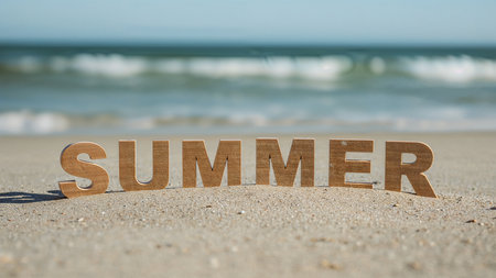 Image is a stylized photograph featuring wooden block letters spelling out the word 'SUMMER' on a sandy beach. The letters are arranged in a slightly uneven line, casting soft shadows on the sand. The background shows a blurred view of the ocean with gentle waves and a clear blue sky, creating a serene and warm atmosphere. The wooden letters have a natural, light brown color, and their texture is visible, adding a rustic charm to the scene. The overall composition emphasizes a relaxed, summery vibe, with the focus on the word 'SUMMER' in the foreground.の素材