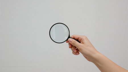Female hand holding a magnifying glass on a white background with copy space.の素材