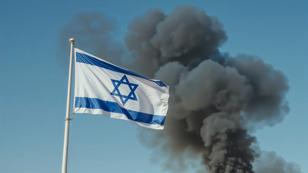 Image is a photograph featuring the national flag of Israel against a clear blue sky. The flag is rectangular with a white background and two horizontal blue stripes near the top and bottom edges. In the center, there is a blue Star of David, a six-pointed star, which is a prominent symbol on the flag. The flag is attached to a tall flagpole, and it is waving gently in the wind, creating a sense of movement. However, in the background, thick, rising plumes of black smoke billow across the sky, contrasting with the vivid blue and white colors of the flag. The lighting is bright, indicating a sunny day, but the smoke adds a sense of ominous foreboding to the scene.の素材