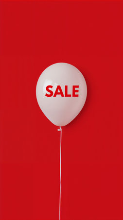 Image features a minimalist style with a single white balloon against a vibrant red background. The balloon is centered in the layout, creating a striking contrast with the background. The word 'SALE' is prominently displayed on the balloon in bold, uppercase red letters, adding emphasis to the message. The text is simple and clear, with a playful yet straightforward font style. A thin white string is attached to the bottom of the balloon, hanging vertically. The overall composition is clean and visually appealing, effectively drawing attention to the sale announcement.の素材