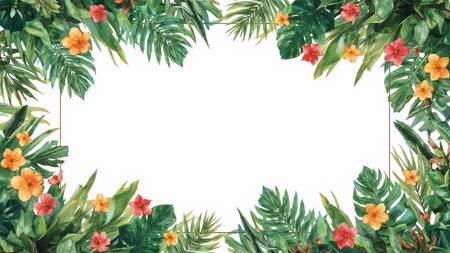 Image is a digital illustration featuring two horizontal arrangements of tropical foliage and flowers, positioned at the top and bottom of the frame, creating a symmetrical layout. The style is watercolor, with vibrant and natural hues. The top and bottom sections include a variety of green leaves, such as palm fronds, banana leaves, and monstera leaves, interspersed with colorful flowers in shades of red, yellow, and pink. The center of the image is left blank, forming a white rectangular space suitable for text or a logo. The overall composition is balanced and visually appealing, with a fresh and tropical aesthetic.の素材