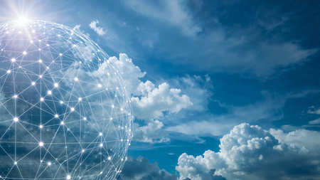 High-resolution digital illustration featuring a stylized, semi-transparent globe on the left side, composed of intricate, interconnected white lines with subtle glow and glowing nodes, resembling a complex network or web. The globe is set against a dramatic, cloudy sky with varying shades of sky blue, cerulean, and wispy whites, creating a striking contrast between the structured, geometric design of the globe and the organic, fluid forms of the clouds. A bright, soft light source emanates from the top left, casting a warm, ethereal glow over the scene, accentuating the futuristic and technological theme. The overall composition suggests themes of global connectivity, communication, and innovation, with a sense of dynamism and movement. The illustration style is sleek, modern, and minimalist, with clean lines and subtle texture, perfect for commercial or professional use.の素材