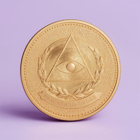 High-resolution stock photo featuring a meticulously detailed, round, gold-colored coin with intricate engravings that shimmer against a soft, gradient light purple background, which gradates from a gentle lavender at the top to a richer plum towards the bottom, providing a subtle yet striking contrast to the coin's warm, polished finish. At the center of the coin, a prominent, equilateral triangle stands out, housing a piercing, iris-less eye, symbolizing the all-seeing Eye of Providence, precision-engraved with fine lines and minute details. A delicate, intertwining laurel wreath encircles the triangle, adding a sense of harmony and balance to the design, its leaves and stems meticulously crafted to mimic real foliage. Below the triangle, a curved banner bears the bold, uppercase text 'NEW WORLD ORDER' in a modern, sans-serif font, the letters raised and smooth to the coin's surface. The coin's surface is smooth, reflective, and free of imperfections, with engravings that appear three-dimensional, adding depth and visual interest to the overall design, evoking a sense of luxury, sophistication, and exclusivity, captured in a stunning, high-quality image.の素材