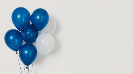 Image features a minimalist style with a cluster of balloons against a plain white background. The balloons are arranged in a loose, organic layout, predominantly on the left side of the image. There are a total of twelve balloons, with a mix of deep blue and white colors. The blue balloons have a glossy finish, reflecting light and creating a shiny appearance, while the white balloons have a softer, matte look. The strings of the balloons are thin and barely visible, adding to the simplicity of the composition. The overall aesthetic is clean and modern, with a focus on the contrast between the blue and white hues.の素材