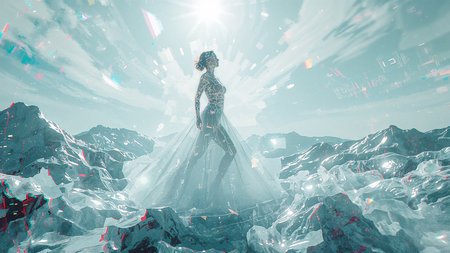 a surreal and vibrant cinematic photograph featuring a fully-formed female figure with a mesmerizing transparent skin effect that reveals a subtle network of glowing circuit boards underneath, radiating an ethereal aura that blends seamlessly into the dreamy white background. Vibrant hues of deep teal, magenta, lime green, and white swirl together in a kaleidoscopic dance, emphasizing fluid glitching effects, digital artifacts, and visual noise that intertwine with the figure, evoking a sense of dynamic movement. its edges distorted by pixelation, as if echoing the digital fragments that permeate the composition. The landscape-like arrangement suggests undulating liquids or abstract landforms, with chromatic aberration and pixelation adding texture and depth to the image. The woman's form appears weightless and otherworldly, surrounded by a halo of bright highlights and areas of oversaturation that accentuate her glowing skin, which maintains a mesmerizing translucent quality, as if illuminated from within. The entire image is bathed in soft, diffuse lighting that enhances the dreamy, cinematic atmosphere.の素材