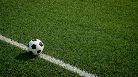 Image is a high-resolution photograph featuring a classic black and white soccer ball positioned on a lush, green grass field. The ball is placed near the bottom left corner, partially resting on a white boundary line that runs horizontally across the image. The grass appears well-maintained, with a vibrant green color and a realistic texture that suggests a professional sports field. The lighting is natural, casting subtle shadows that enhance the three-dimensional appearance of the ball and the texture of the grass. The composition is simple yet effective, focusing on the contrast between the geometric pattern of the soccer ball and the organic texture of the grass.の素材