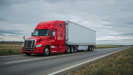 Image depicts a large, red semi-truck with a white trailer driving on a paved road. The truck is positioned slightly to the left of the center, moving towards the right side of the frame. The cab of the truck is bright red with a sleek, modern design, featuring a prominent grille and large side mirrors. The trailer is plain white, contrasting with the vibrant color of the cab. The background shows an expansive, open landscape with fields and a cloudy sky, suggesting a rural setting. The road is wide and appears well-maintained, with clear markings visible. The overall composition emphasizes the truck's size and the open road, conveying a sense of movement and travel.の素材