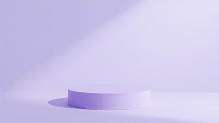Image features a minimalist and modern style with a focus on a circular platform. The layout is simple, with the platform centrally positioned against a soft, pastel purple background. The platform itself is a translucent, glossy material, reflecting light subtly, and is slightly elevated from the surface it rests on. The lighting creates a gentle gradient across the scene, with a diagonal shadow adding depth and dimension. The overall color palette is monochromatic, dominated by shades of lavender and lilac, contributing to a serene and elegant atmosphere. There are no people, text, or logos present in the image, emphasizing the abstract and clean design.の素材