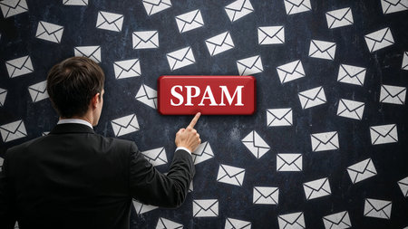 Image is a digital illustration featuring a man in a suit, seen from behind, pointing towards a floating red rectangular button with the word 'SPAM' in bold white letters. The background is filled with numerous white envelope icons, symbolizing emails, scattered across a dark, textured backdrop. The envelopes are uniformly designed with a simple outline and a flap, creating a sense of depth and movement. The man has short, dark hair and is wearing a black suit jacket, with only the back of his head and hand visible, suggesting a focus on the concept of spam emails rather than individual identity.の素材