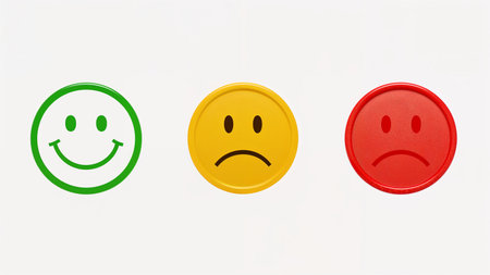 Image features a set of three circular emoticons arranged horizontally against a white background. The first emoticon on the left is a green smiley face, characterized by a circular green outline and a simple curved line for a smile, with two small dots representing eyes. The middle emoticon is yellow with a neutral expression, featuring a straight line for a mouth and two vertical lines for eyes, all enclosed within a yellow circle. The third emoticon on the right is red, displaying a sad face with a downward-curved line for a mouth and two small dots for eyes, encased in a red circular outline. Each emoticon is designed with a 3D effect, giving them a slightly raised appearance.の素材