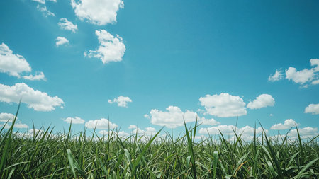 Image is a landscape photograph featuring a vibrant and clear blue sky with scattered white clouds, creating a serene and peaceful atmosphere. The lower half of the image is dominated by a lush, green field of grass, with blades varying in height and swaying gently, suggesting a light breeze. The grass is vividly green, contrasting sharply with the bright blue sky above. The composition is simple yet effective, with the horizon line placed low in the frame, emphasizing the vastness of the sky. The overall mood is calm and refreshing, evoking a sense of tranquility and openness.の素材