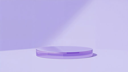 Image features a minimalist and modern style with a focus on a circular platform. The layout is simple, with the platform centrally positioned against a soft, pastel purple background. The platform itself is a translucent, glossy material, reflecting light subtly, and is slightly elevated from the surface it rests on. The lighting creates a gentle gradient across the scene, with a diagonal shadow adding depth and dimension. The overall color palette is monochromatic, dominated by shades of lavender and lilac, contributing to a serene and elegant atmosphere. There are no people, text, or logos present in the image, emphasizing the abstract and clean design.の素材