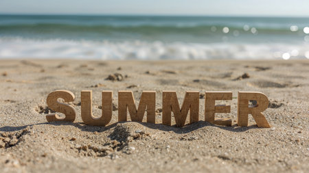 Image is a stylized photograph featuring wooden block letters spelling out the word 'SUMMER' on a sandy beach. The letters are arranged in a slightly uneven line, casting soft shadows on the sand. The background shows a blurred view of the ocean with gentle waves and a clear blue sky, creating a serene and warm atmosphere. The wooden letters have a natural, light brown color, and their texture is visible, adding a rustic charm to the scene. The overall composition emphasizes a relaxed, summery vibe, with the focus on the word 'SUMMER' in the foreground.の素材