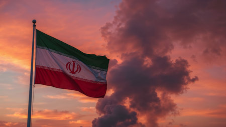 Image is a photograph featuring the national flag of Iran prominently displayed against a dramatic sunset sky. The flag is rectangular, with three horizontal bands of green, white, and red. In the center of the white band is the emblem of Iran, a stylized red tulip. The flag is attached to a white flagpole on the left side of the image. The sky in the background is filled with vibrant hues of orange, pink, and purple, creating a striking contrast with the colors of the flag. Thick, billowy clouds of dark smoke rise from the distance, partially obscuring the horizon and adding a sense of intensity and drama to the scene. The overall composition highlights the flag's movement as it waves in the wind, with the sunset and smoke providing a vivid and dynamic backdrop.の素材