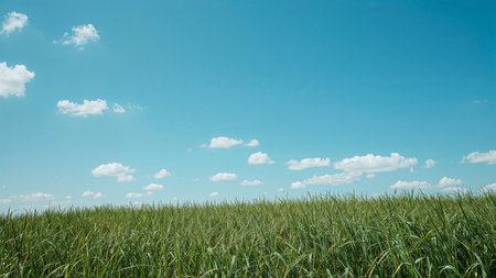 Image is a landscape photograph featuring a vibrant and clear blue sky with scattered white clouds, creating a serene and peaceful atmosphere. The lower half of the image is dominated by a lush, green field of grass, with blades varying in height and swaying gently, suggesting a light breeze. The grass is vividly green, contrasting sharply with the bright blue sky above. The composition is simple yet effective, with the horizon line placed low in the frame, emphasizing the vastness of the sky. The overall mood is calm and refreshing, evoking a sense of tranquility and openness.の素材