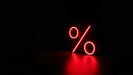 Image features a digital artwork with a glowing red neon percentage symbol (%) against a black background. The symbol is positioned slightly to the right, with a three-dimensional appearance that casts a subtle reflection on the surface below. The neon effect is vibrant, with a bright red hue that creates a striking contrast against the dark backdrop. The overall composition is minimalistic, focusing solely on the illuminated symbol, which is the central subject of the image. The lighting effect enhances the modern and sleek aesthetic, making the symbol appear as if it is floating in space.の素材
