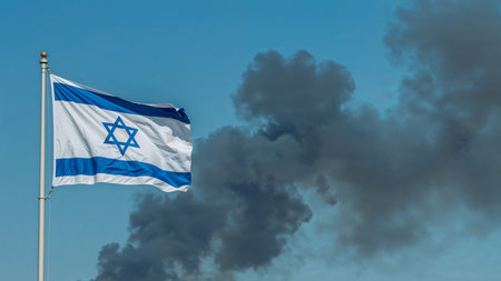 Image is a photograph featuring the national flag of Israel against a clear blue sky. The flag is rectangular with a white background and two horizontal blue stripes near the top and bottom edges. In the center, there is a blue Star of David, a six-pointed star, which is a prominent symbol on the flag. The flag is attached to a tall flagpole, and it is waving gently in the wind, creating a sense of movement. However, in the background, thick, rising plumes of black smoke billow across the sky, contrasting with the vivid blue and white colors of the flag. The lighting is bright, indicating a sunny day, but the smoke adds a sense of ominous foreboding to the scene.の素材