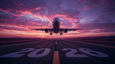 Image is a digitally enhanced photograph featuring a commercial airplane in mid-flight, captured from a low angle as it approaches a runway. The airplane is centered in the composition, with its landing gear extended, and is set against a dramatic sky filled with vibrant hues of purple, orange, and pink, suggesting a sunrise or sunset. The runway is prominently marked with large, bold white numbers '20' and '26', symbolizing the years 2025 and 2026. The perspective of the runway converges towards the horizon, enhancing the sense of depth and motion. The overall scene conveys a sense of transition and forward movement, with the airplane symbolizing travel or progress into the future.の素材