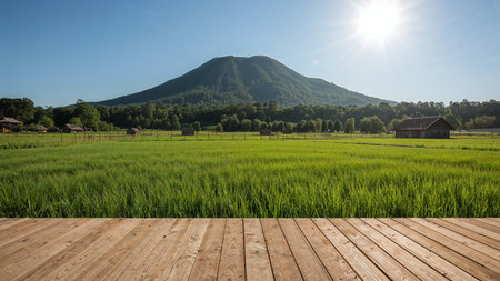 Image is a landscape photograph featuring a vibrant, sunny rural scene. In the foreground, there is a wooden deck with light brown planks, leading the viewer's eye towards a lush, expansive green field. The field is dotted with several small, traditional-style houses with sloped roofs, nestled amidst the greenery. In the background, a large, forested mountain rises under a clear blue sky, with the sun casting a warm glow from the top right corner, creating a serene and picturesque atmosphere. The overall composition is balanced, with the wooden deck providing a contrasting texture to the natural elements, enhancing the depth and inviting the viewer into the tranquil setting.の素材