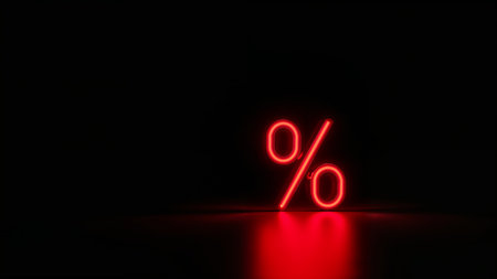 Image features a digital artwork with a glowing red neon percentage symbol (%) against a black background. The symbol is positioned slightly to the right, with a three-dimensional appearance that casts a subtle reflection on the surface below. The neon effect is vibrant, with a bright red hue that creates a striking contrast against the dark backdrop. The overall composition is minimalistic, focusing solely on the illuminated symbol, which is the central subject of the image. The lighting effect enhances the modern and sleek aesthetic, making the symbol appear as if it is floating in space.の素材