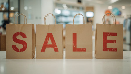 Image features a set of four brown paper shopping bags arranged in a row on a light-colored surface. Each bag has a single large red letter printed on it, collectively spelling the word 'SALE'. The letters are bold and slightly distressed, adding a textured appearance. The bags have twisted paper handles and are positioned in a well-lit indoor setting with a blurred background, suggesting a retail environment. The overall composition is clean and minimalistic, emphasizing the promotional message.の素材
