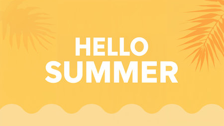 Image is a digital graphic with a warm, inviting style, featuring a bright yellow-orange background that evokes a summery feel. The layout is simple and clean, with the text 'HELLO SUMMER' prominently displayed in the center. The text is in a bold, white, sans-serif font, with 'HELLO' in smaller uppercase letters above the larger 'SUMMER'. The background includes subtle, stylized palm leaf silhouettes in the top corners, adding a tropical touch. The bottom of the image has soft, wavy shapes in a lighter shade of yellow, enhancing the summery theme without overwhelming the main text.の素材