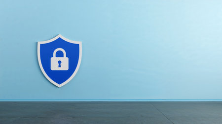 Image features a minimalist and modern style, depicting a large shield emblem on the left side of the frame. The shield is predominantly blue with a white border, and prominently displays a white padlock icon in the center, symbolizing security and protection. The background is a smooth, gradient light blue wall, creating a clean and professional atmosphere. The floor is a dark gray, adding contrast to the overall composition. The layout is simple, with the shield slightly off-center, drawing attention to the security theme without any additional text or logos present.の素材